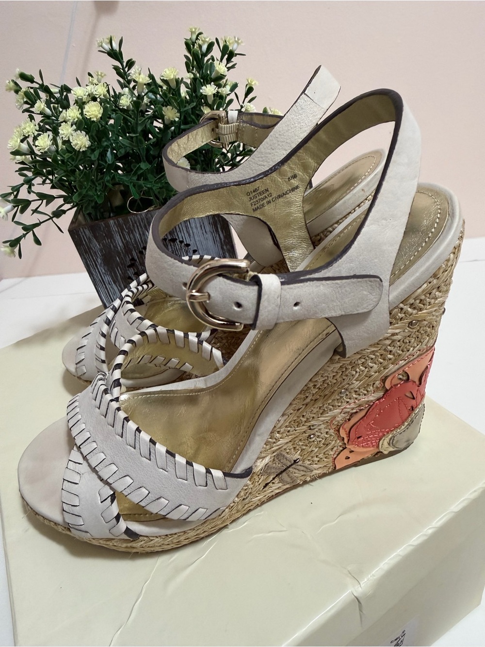 Coach Cream Braided Espadrille Wedge Sandals with Coral Accent